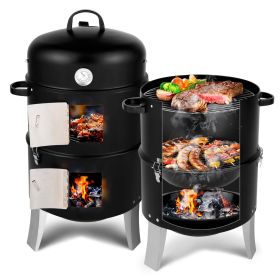 Vertical Steel Charcoal Smoker, Heavy Duty Double Layer Round BBQ Grill for Outdoor Cooking, Black (Color: as picture)