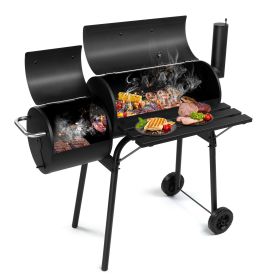 Barrel Charcoal Grill with Offset Smoker, All Metal Outdoor Smoker with Side Table and Wheels for Outdoor Garden Patio and Backyard Cooking (Color: as picture)