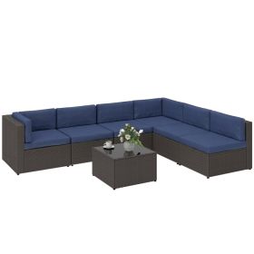 7 Piece Patio Furniture Set, All Weather PE Rattan Outdoor Furniture Conversation Sets with Glass Top Coffee Table (Option: Blue-680x650x580 mm)